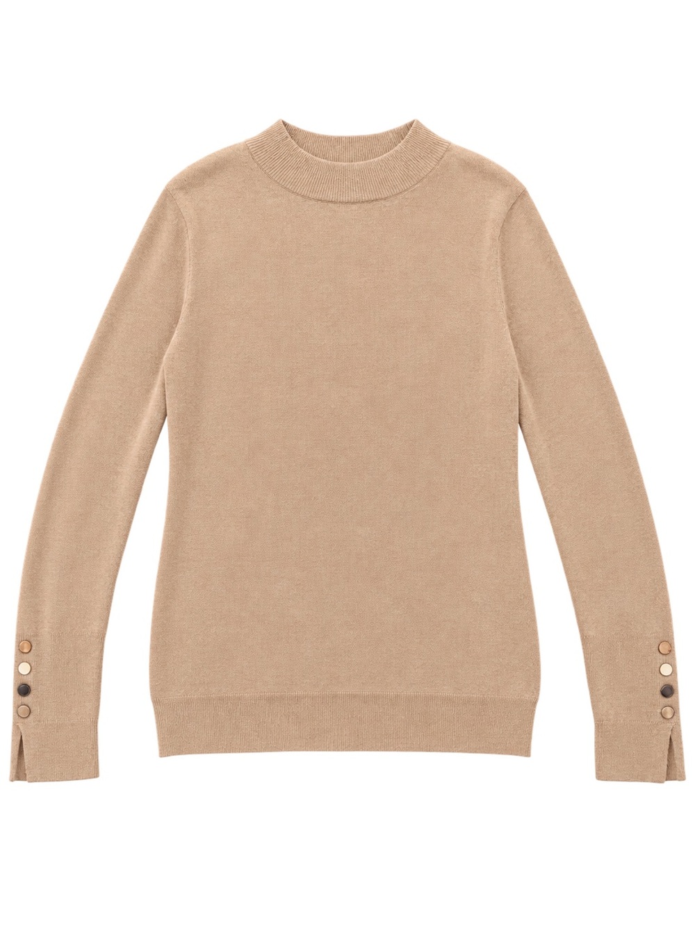 Camel mockneck sweater with gold buttons